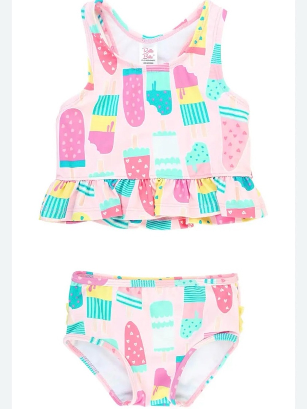 Ruffle Two-Piece Bikini with Popsicle Print - Pink, Teal, Yellow